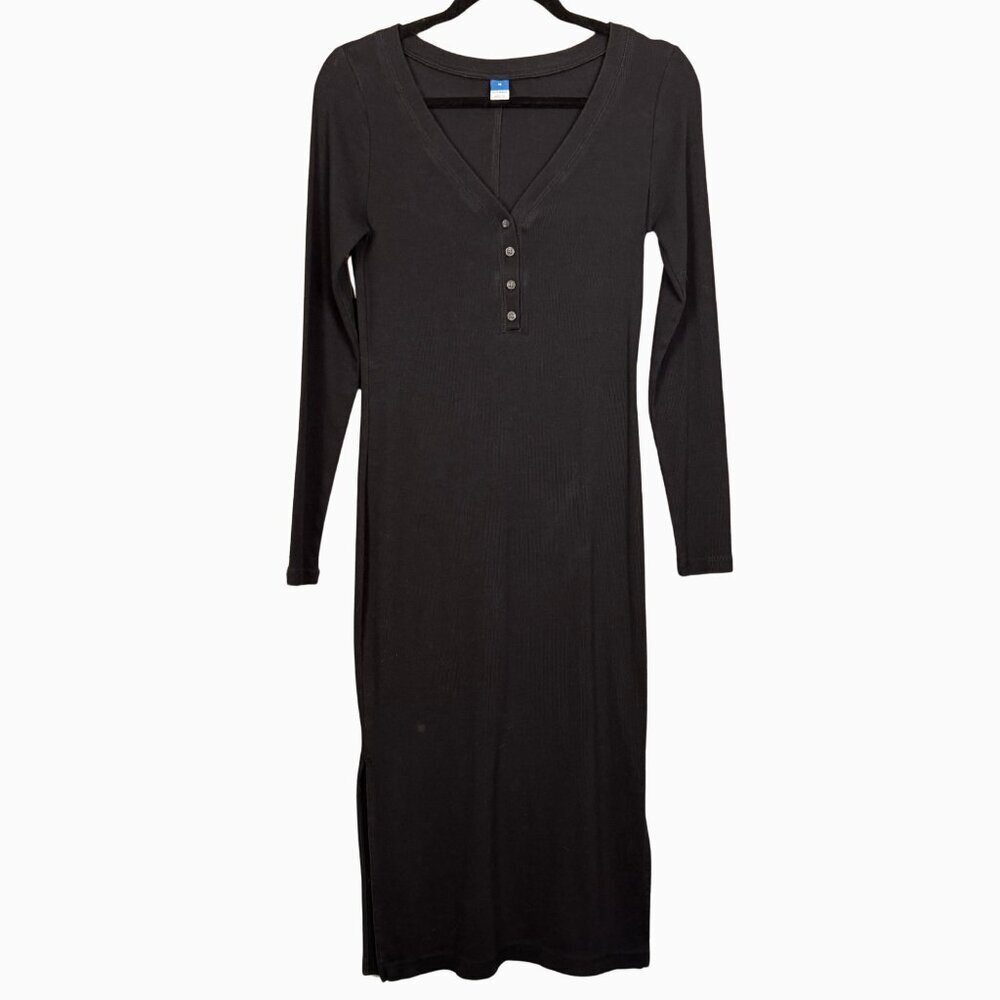 Old Navy Ribbed Black Button Front Midi Dress Medium Long Sleeve Cotton Stretch
